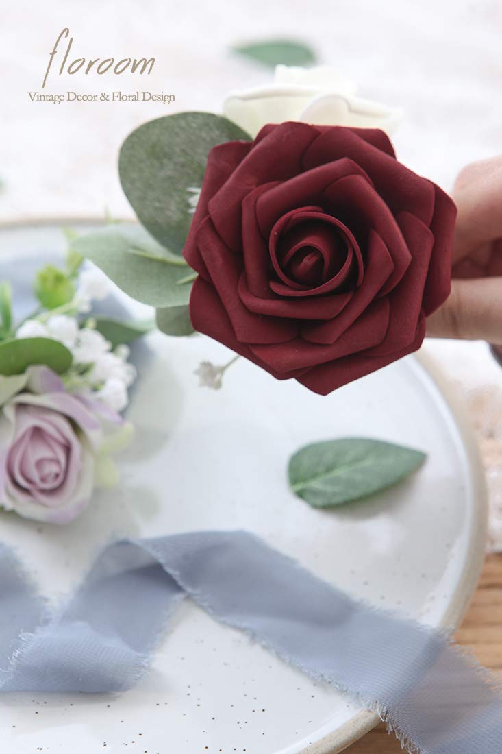 Floroom Artificial Flowers 25pcs Real Looking Burgundy Foam Fake Roses with Stems for DIY Wedding Bouquets Red Bridal Shower Centerpieces Party Decorations - Image 4